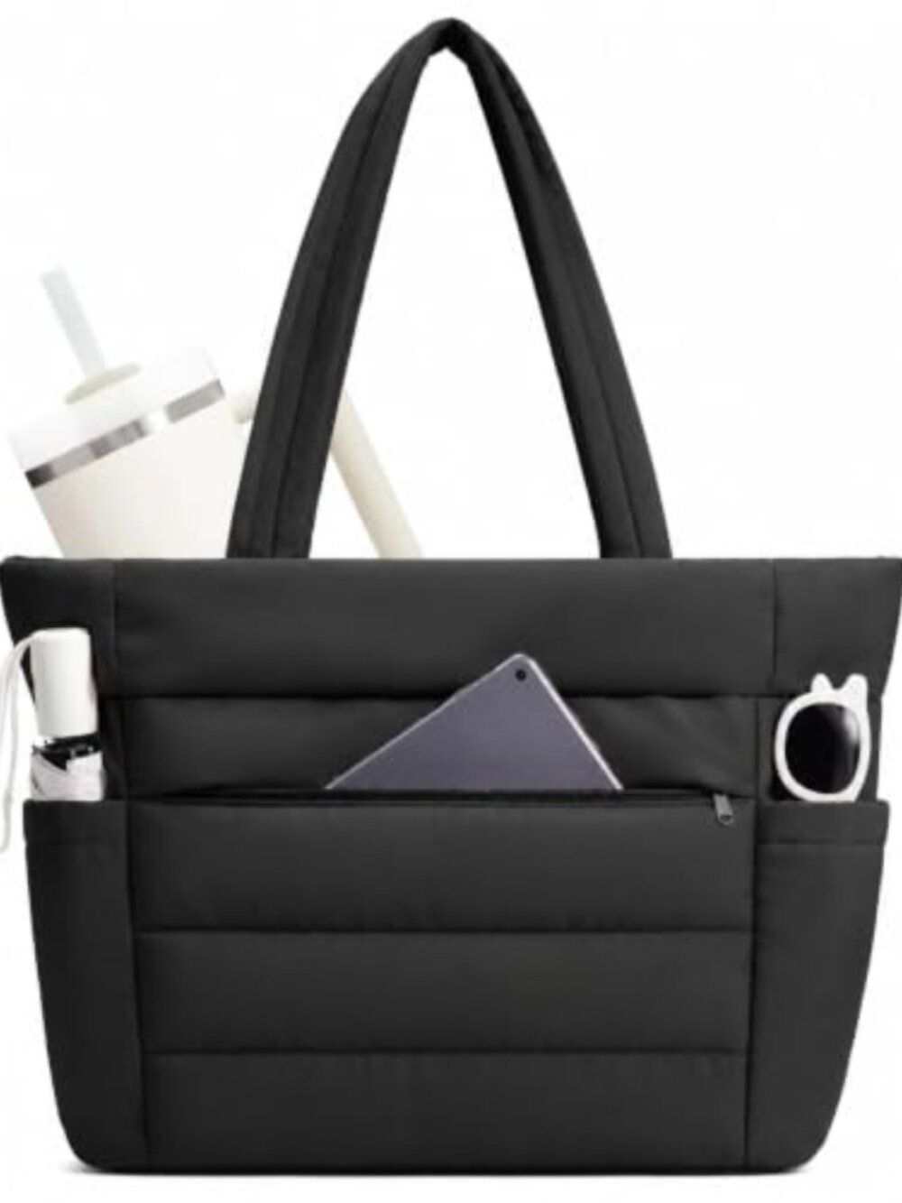 Quilted Puffer Laptop Tote Bag with Cup Holder, 15.6" Laptop Compatible, Work